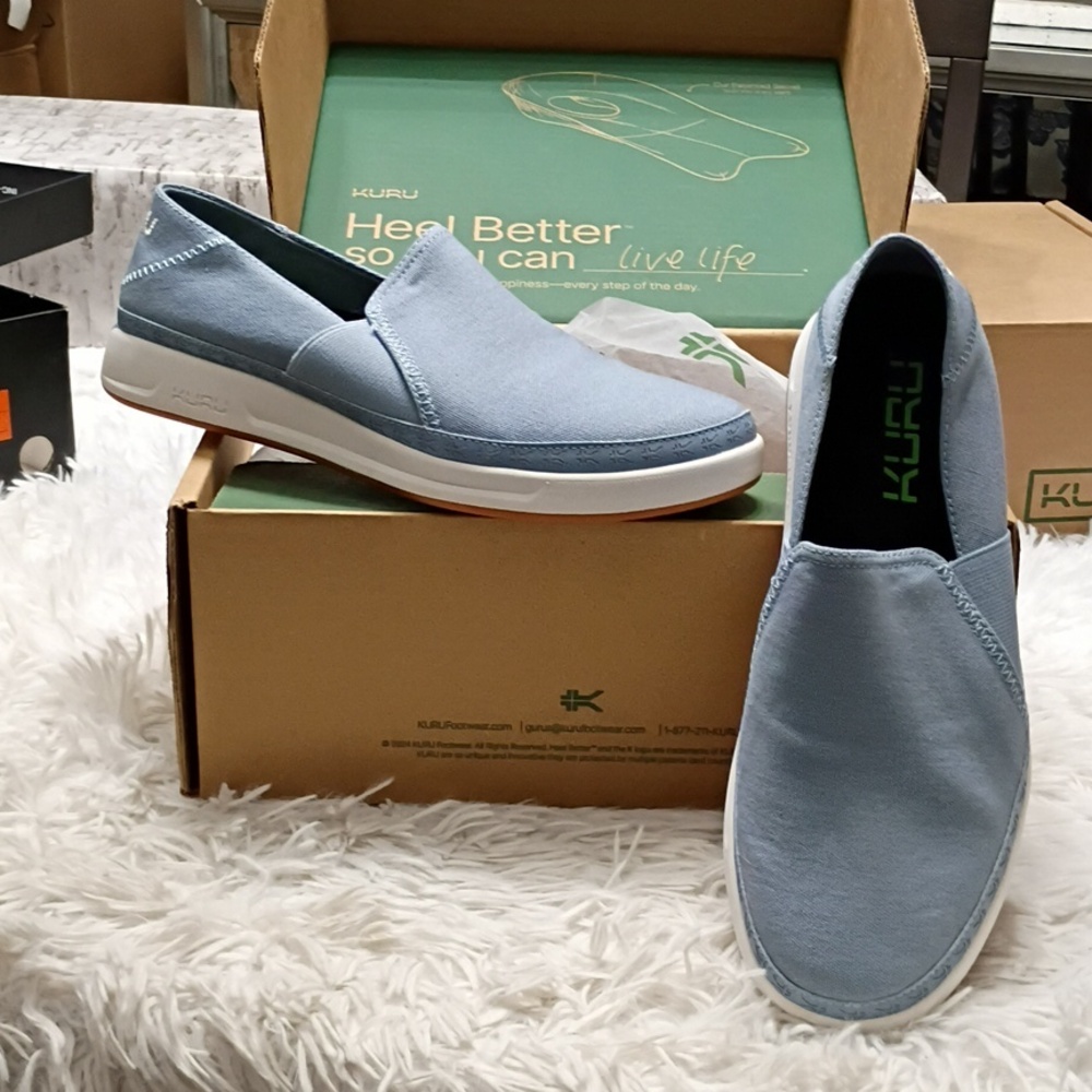 KURU Roam Atla Women's Blue Canvas Slip-On Loafers Arch Support Plantar Fascitis